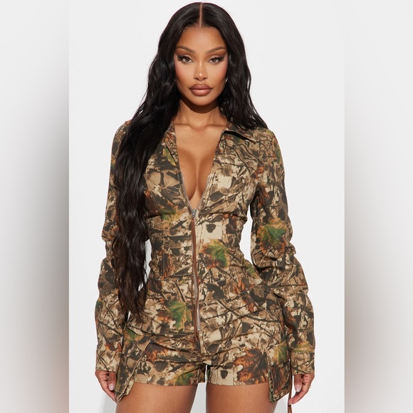 Fashion Nova Pants - Leila Camo Romper - Brown/combo